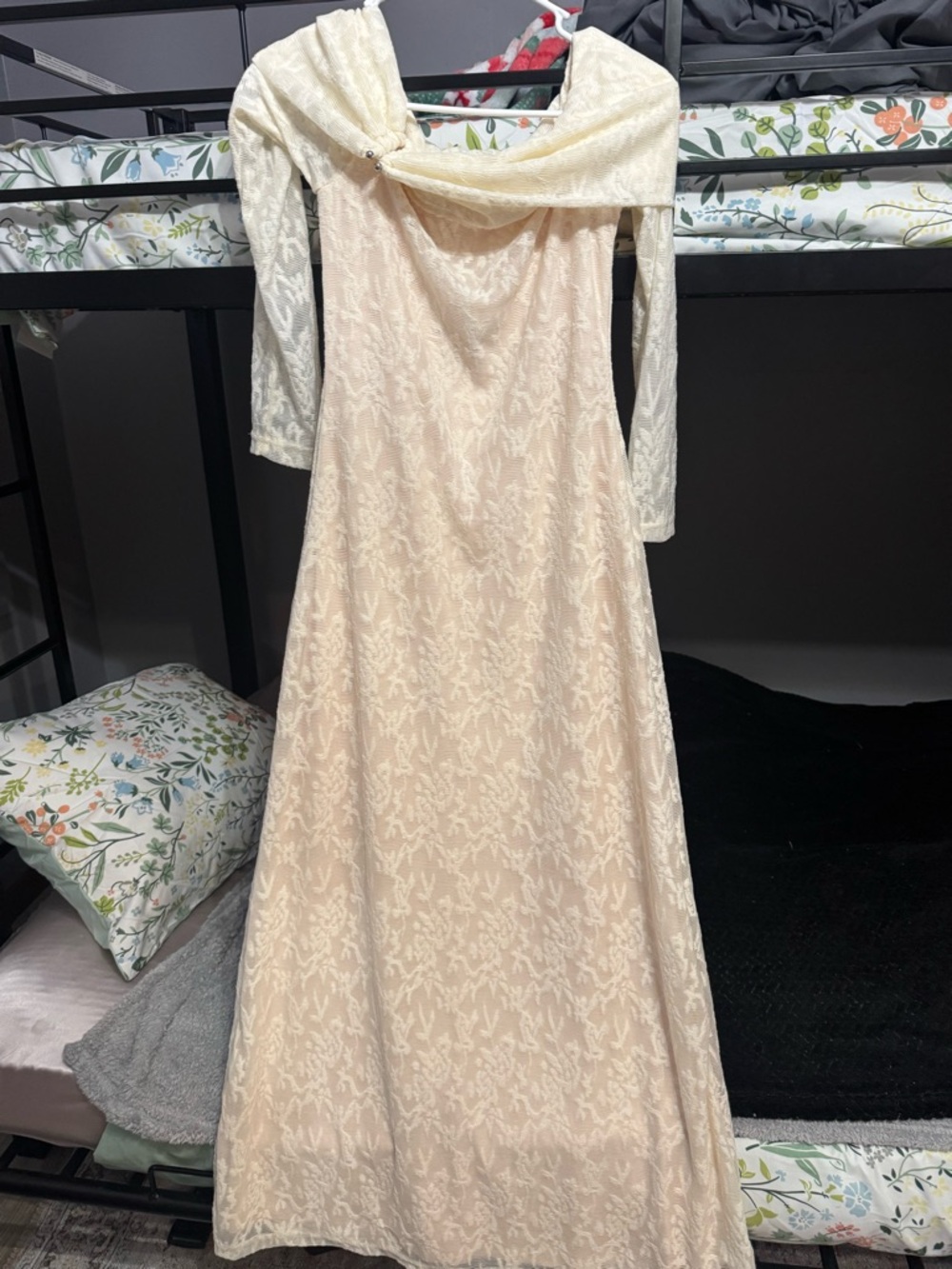 SHEIN Cream Lace Maxi Dress with Sheer Shawl